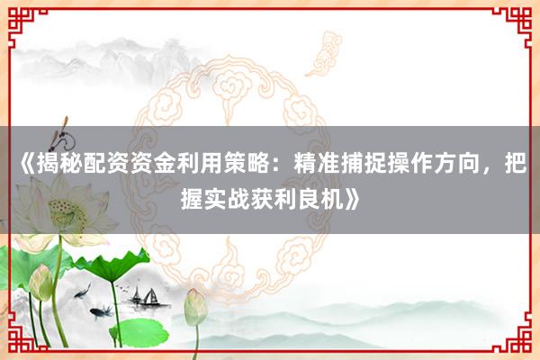 《揭秘配资资金利用策略：精准捕捉操作方向，把握实战获利良机》