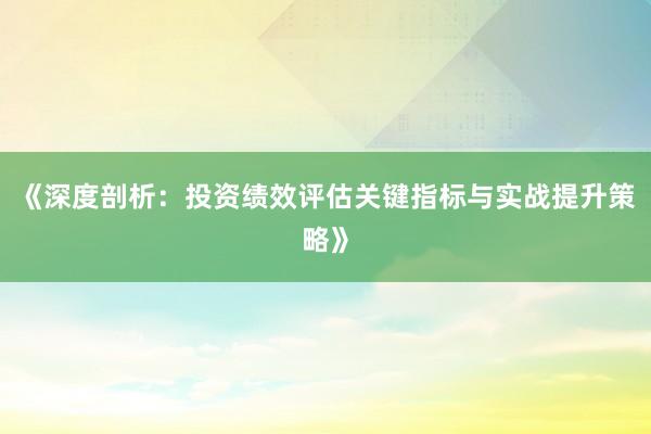 《深度剖析：投资绩效评估关键指标与实战提升策略》